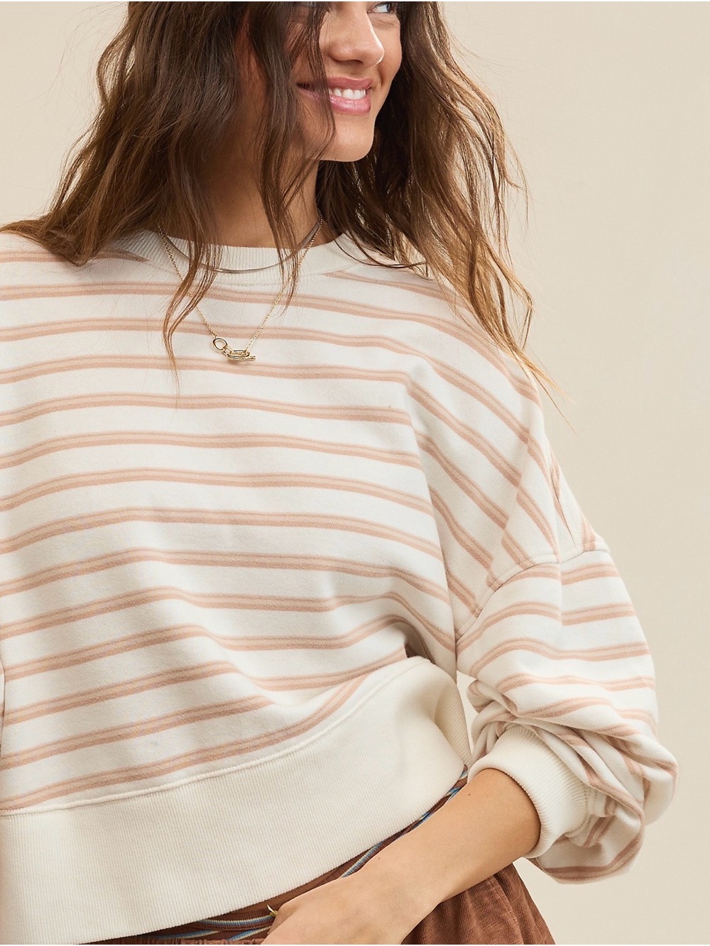Aerie Classic Crew Sweatshirt in Cream Striped Tan - Women's Size Medium - Picture 4 of 5